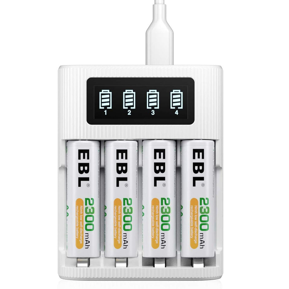EBL AA/AAA Battery Charger - 4-Bay, Type-C & Micro USB Input, LCD Display