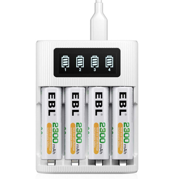 EBL AA/AAA Battery Charger - 4-Bay, Type-C & Micro USB Input, LCD Display