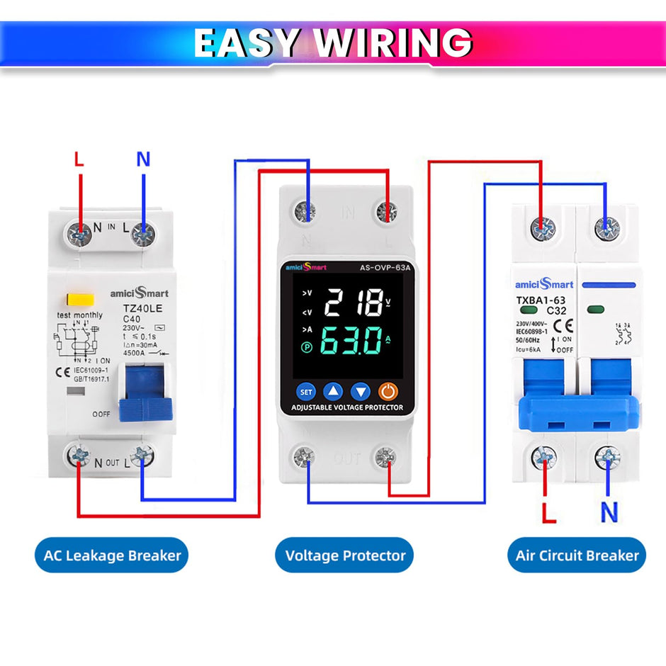 Automatic Over/Under Voltage and Overload Protection Device 63A DIN-Rail with LED Display Adjustable Reconnect & Auto Recovery