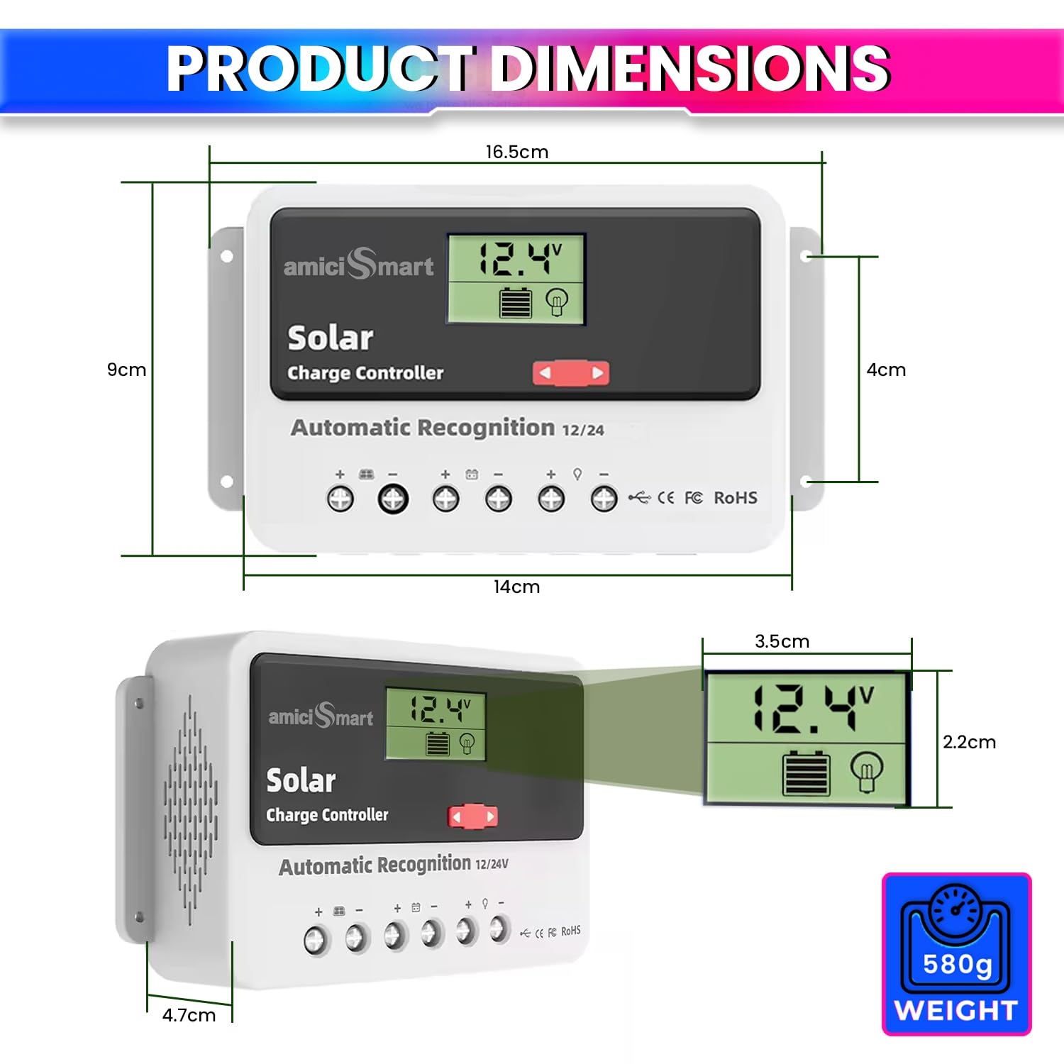 30A Solar Charge Controller Intelligent Battery Regulator for Lead Acid & Lithium Battery with LCD Display and 3A USB Port