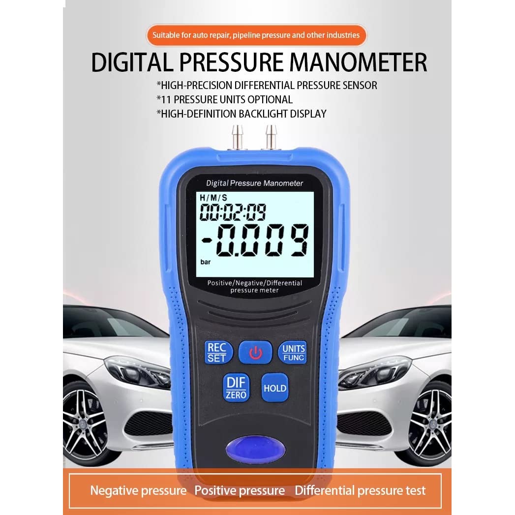 Digital Air Pressure Tester, Handheld Manometer with 11 Units, Data Record & Backlight