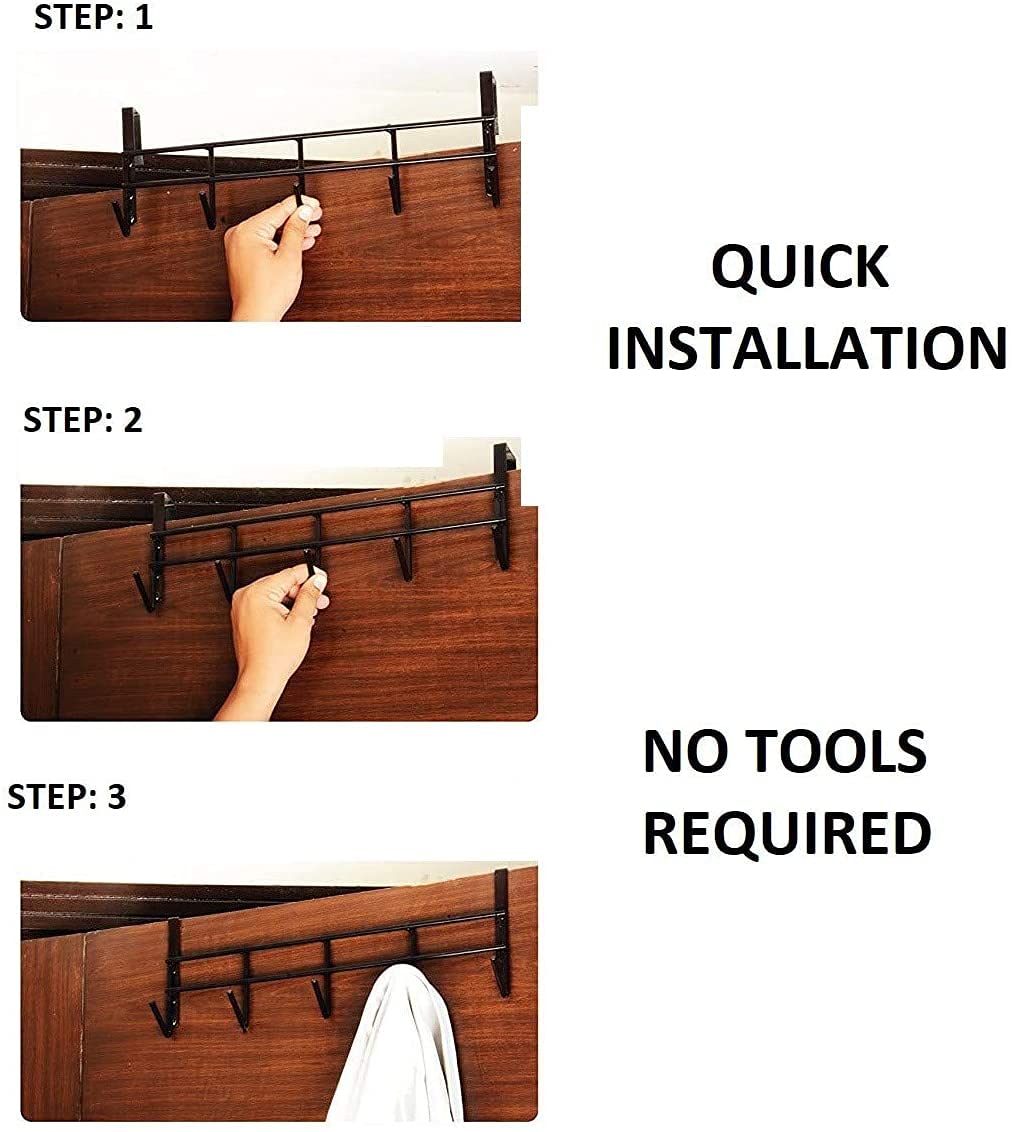 Over Door Hook Hanger- 5 Hooks, No Drill Steel Rack for 4 cm Thick Door (Pack of 1)