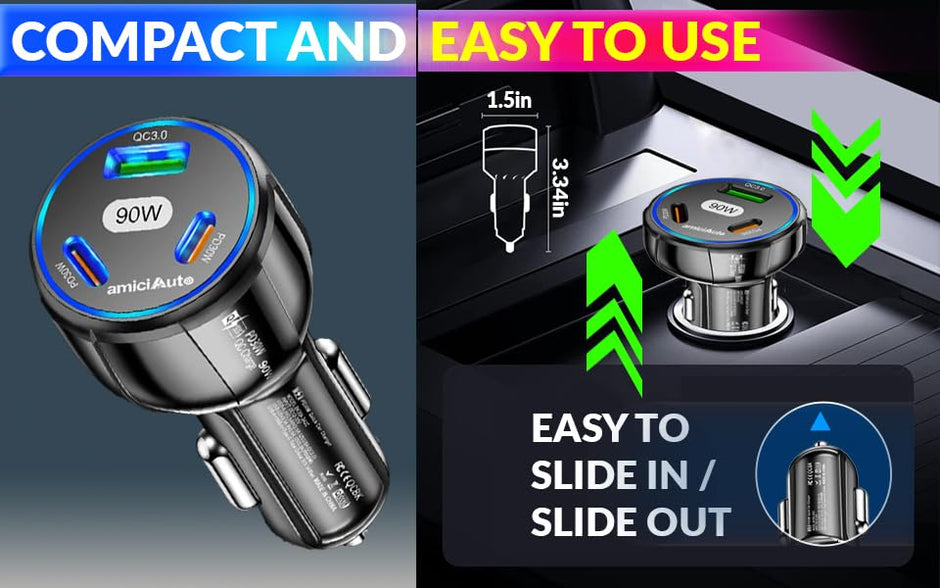 90W High-Power Car Charger with Triple USB Ports with PD3.0 & QC 3.0 Fast Charging amiciKart