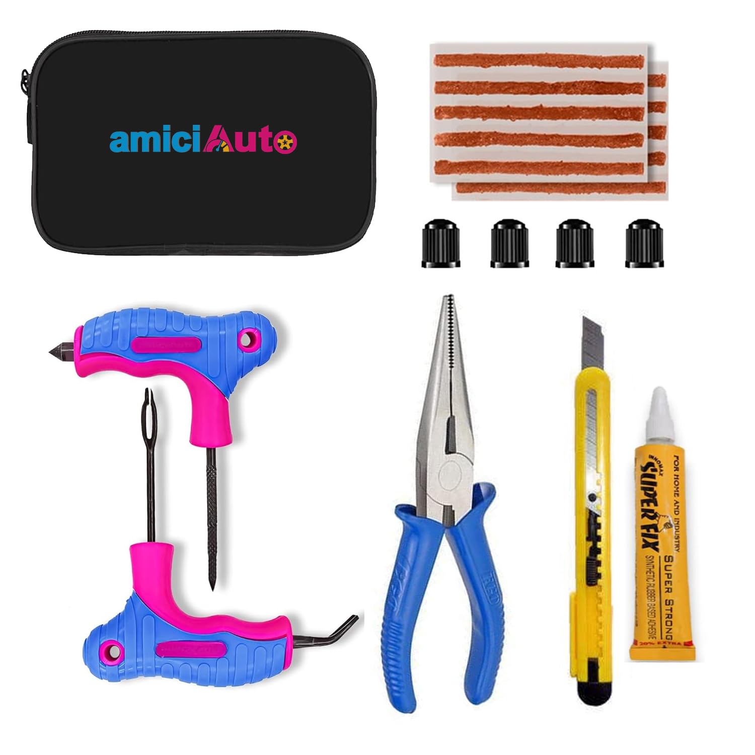 Tubeless Tyre Puncture Repair Kit – Heavy-Duty Reamer & Probe, Nose-Plier, Cutter & Valve Caps – Complete Motorcycle/Car Tyre Repair Set