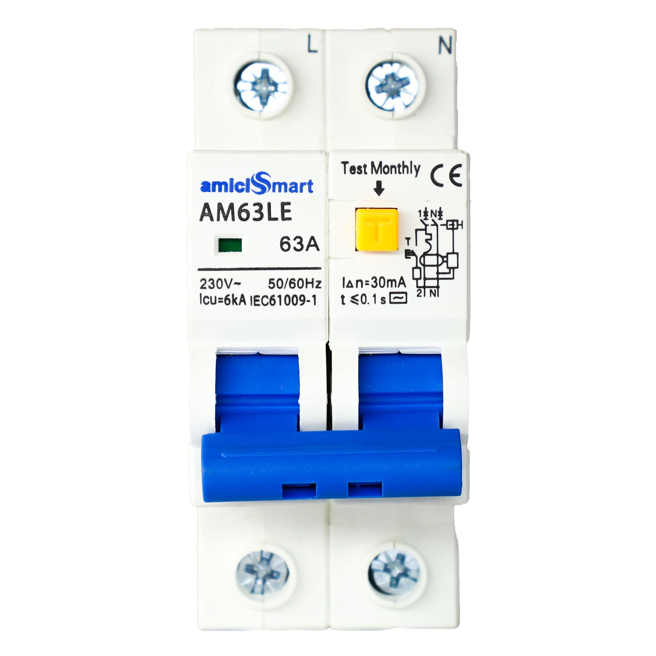 63A RCBO Circuit Breaker Overcurrent, Short-Circuit & Leakage Protection with On/Off Switch