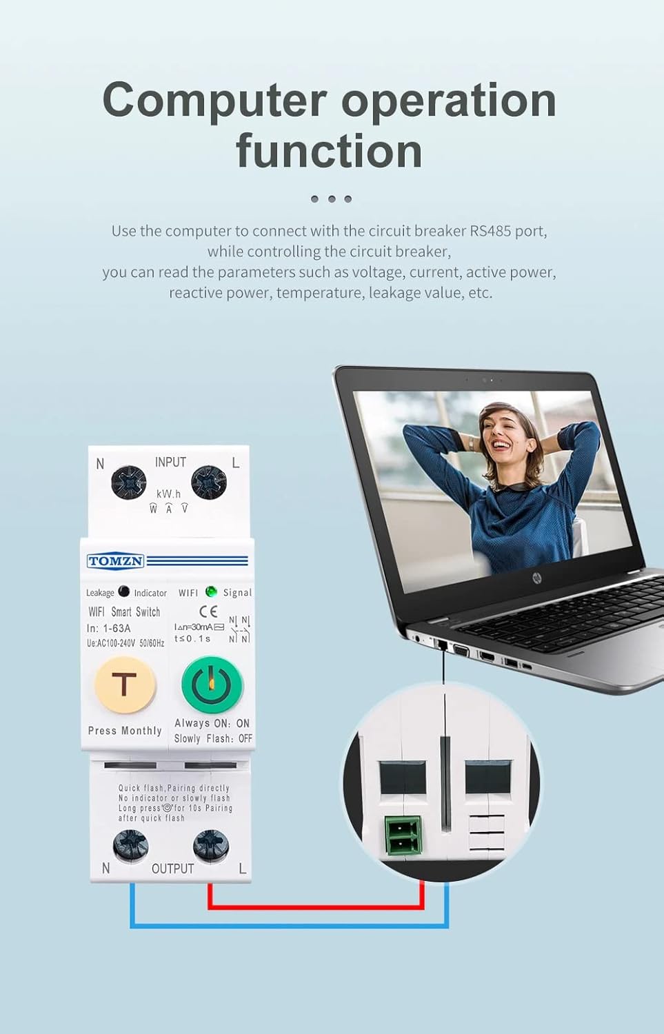 WiFi Smart MCB 63A with Energy Meter & Overload Protection, SmartLife App(63A with RS485 Port)
