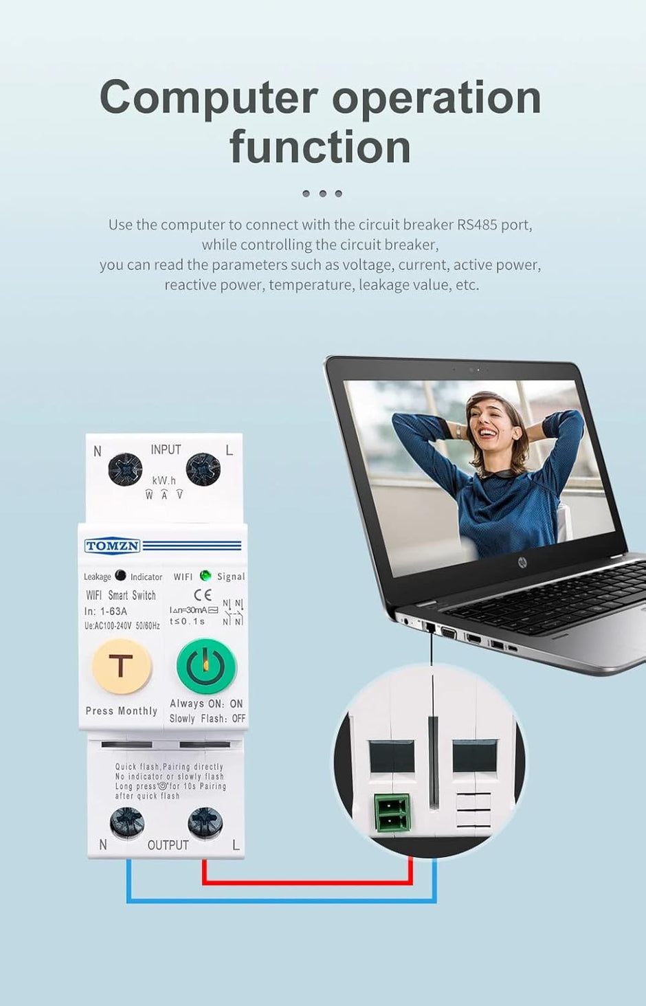 WiFi Smart MCB 63A with Energy Meter & Overload Protection, SmartLife App(63A with RS485 Port)
