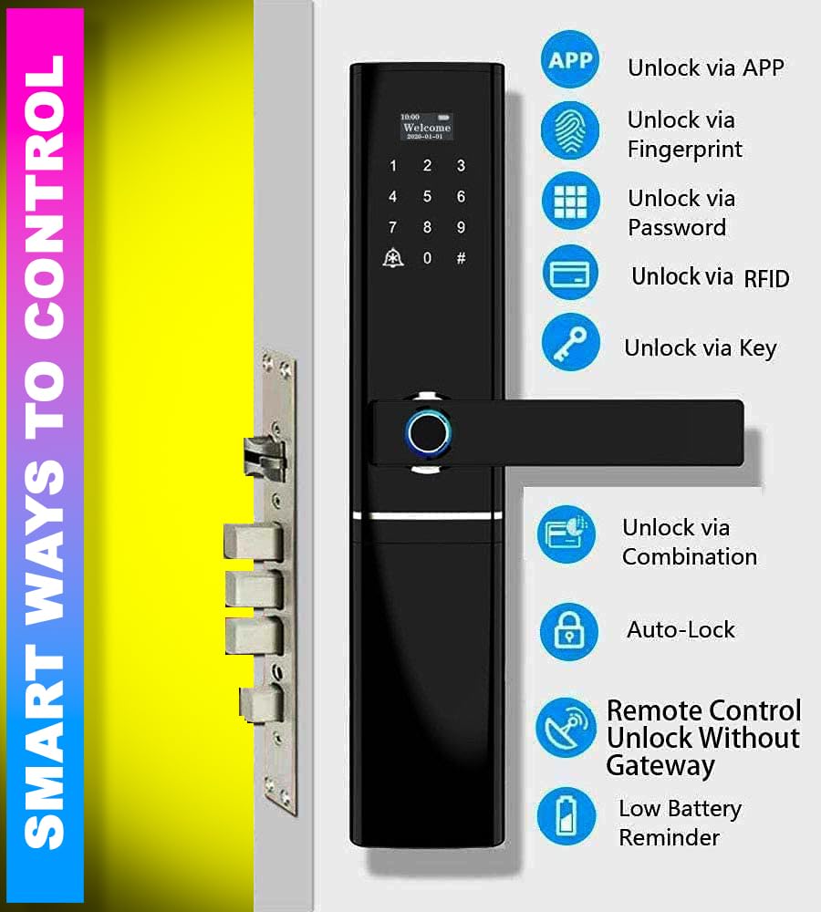 Multi-Access Smart Door Lock – Biometric Fingerprint, Smart Card Access, Mechanical Key, 4xAA Battery | Black amiciKart
