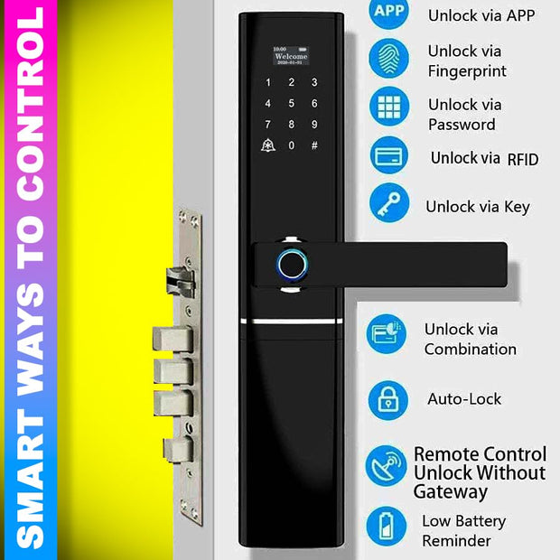 Multi-Access Smart Door Lock – Biometric Fingerprint, Smart Card Access, Mechanical Key, 4xAA Battery | Black amiciKart