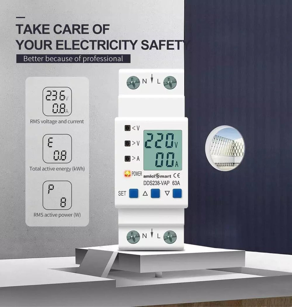 Advance Over Under Voltage Protection With Over Current/Load Protection, Digital Energy Meter 63A, 230V DIN Rail Mounted