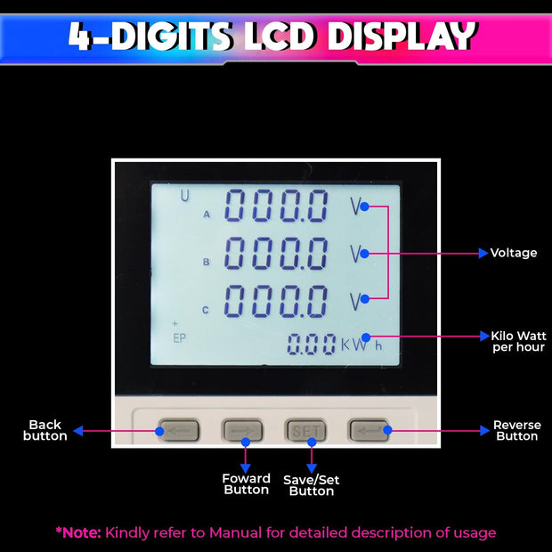 amiciSense Digital Energy Meter, 3-Phase Programmable Voltage Current Power-Factor, Total-Energy Monitoring with RS-485 Communication Port, 230VAC