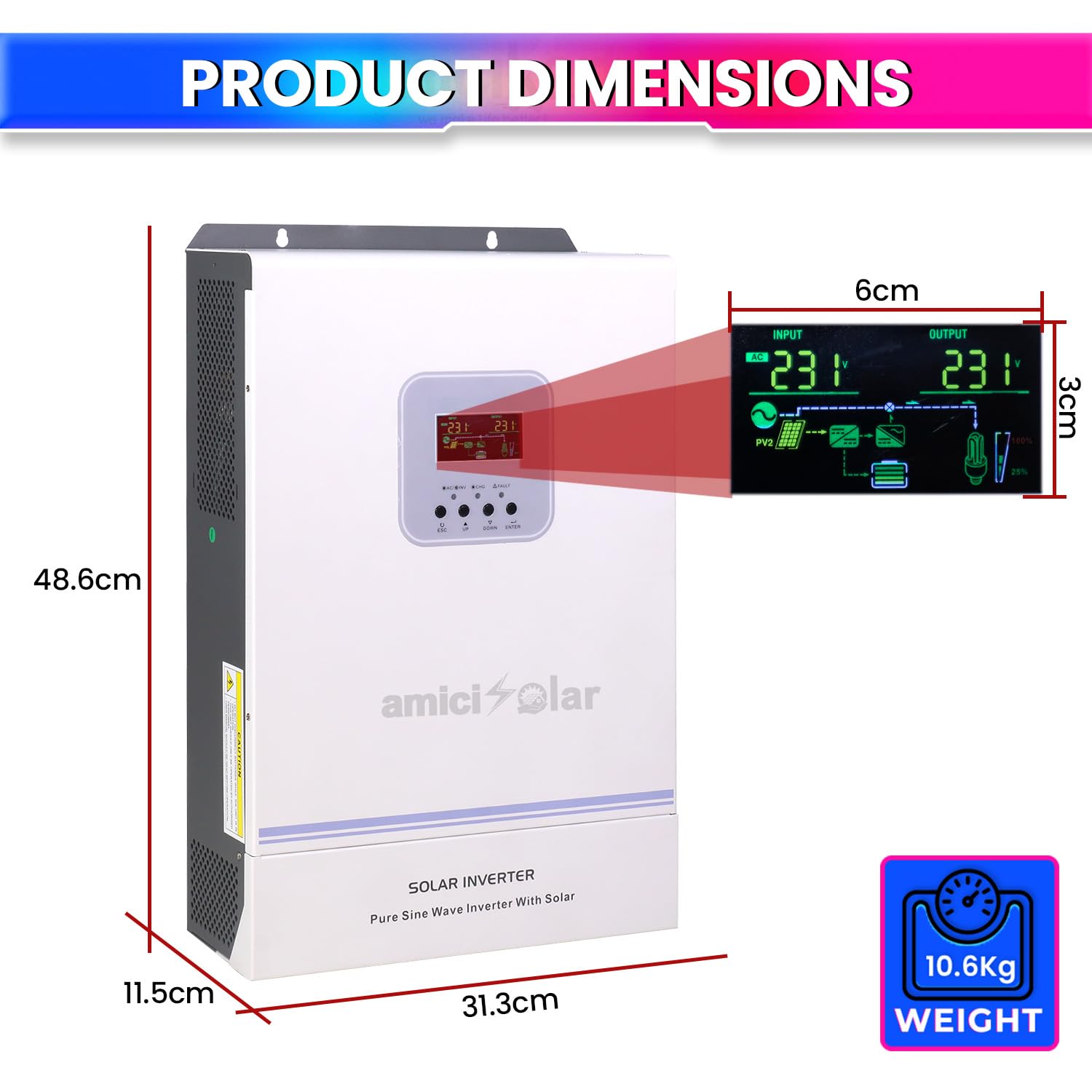 MPPT Solar Inverter |Dual AC & DC Input |Supports 6200W Solar Panel-Operates AC Devices Directly from Solar Input (5.5kW Hybrid Inverter) amiciKart