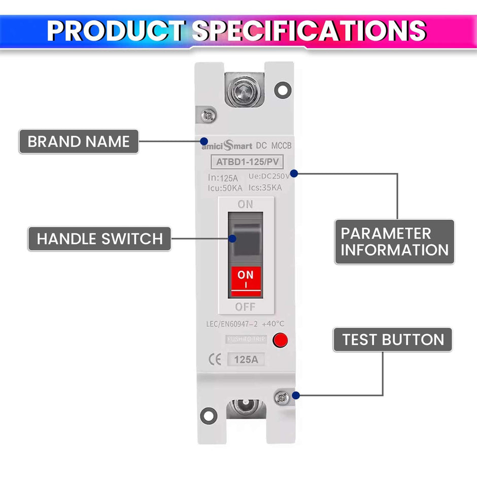 125A 1P DC MCCB, 250V/600V, 50kA – Overload & Short Circuit Protection for Solar/PV Systems