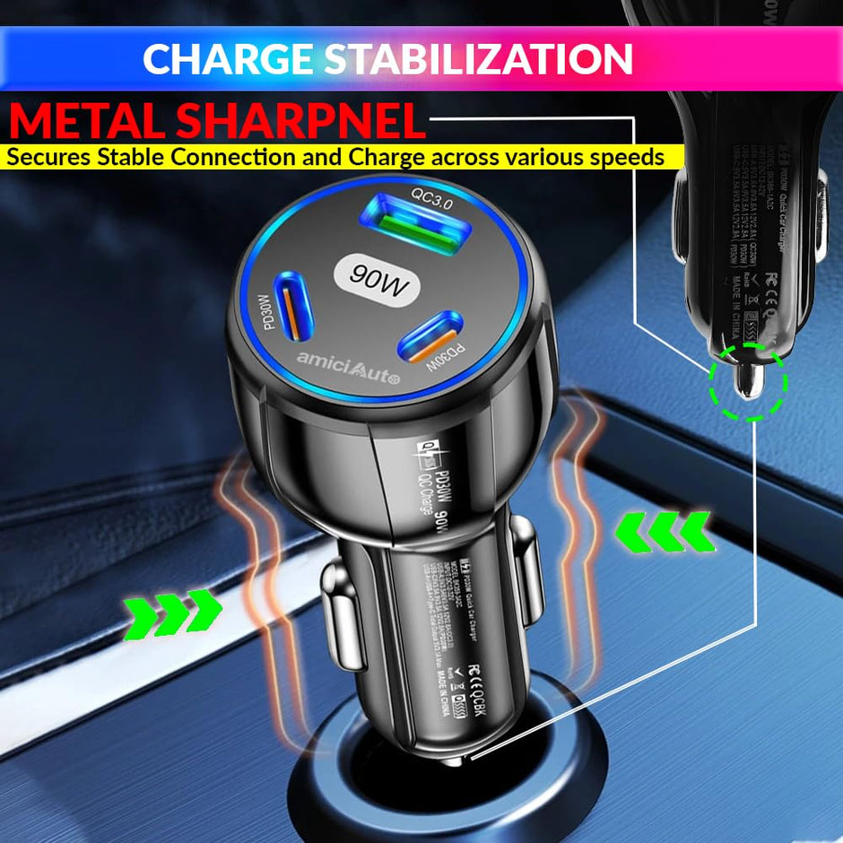 amiciAuto 90W High-Power Car Charger with Triple USB Ports with PD3.0 & QC 3.0 Fast Charging Technology