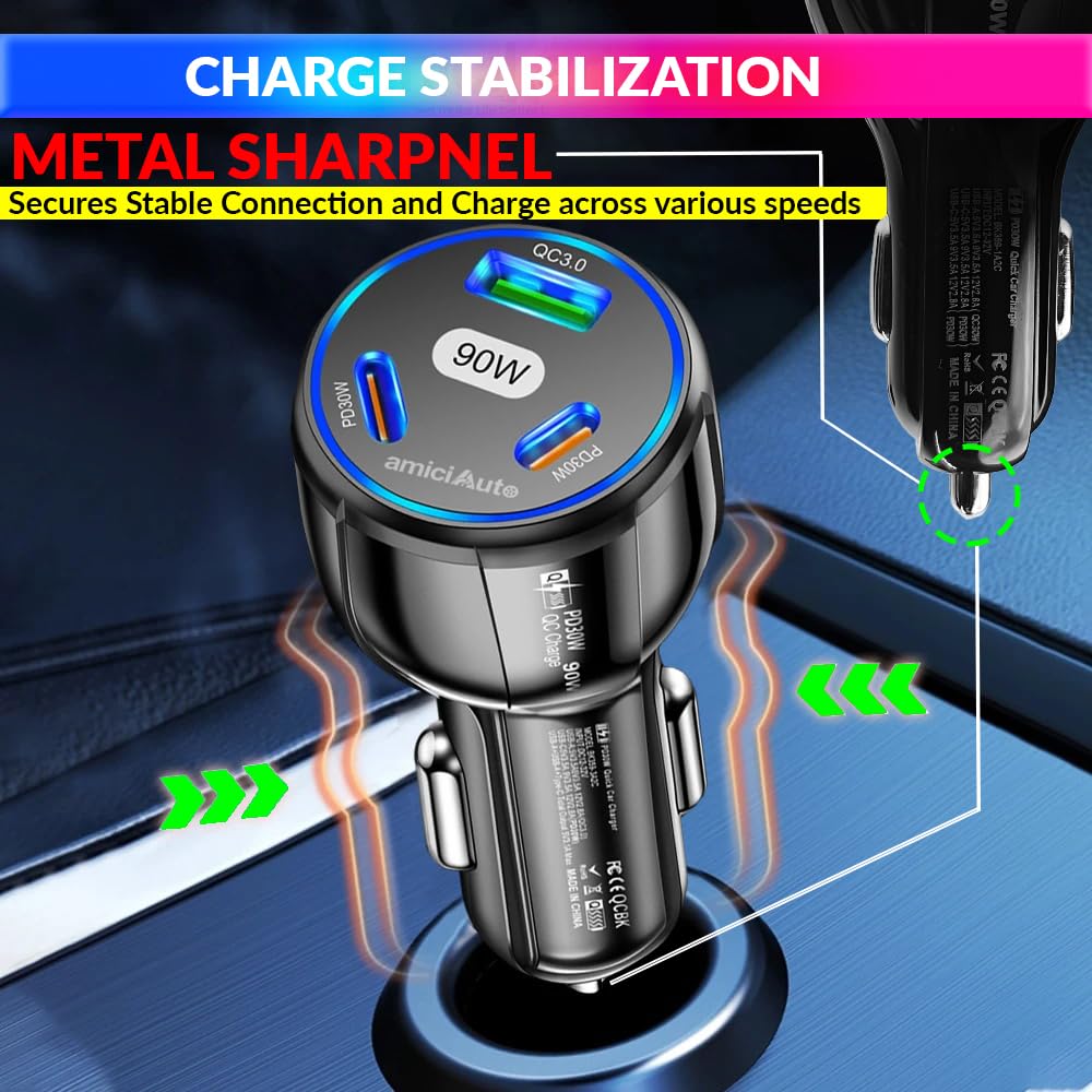 amiciAuto 90W High-Power Car Charger with Triple USB Ports with PD3.0 & QC 3.0 Fast Charging Technology