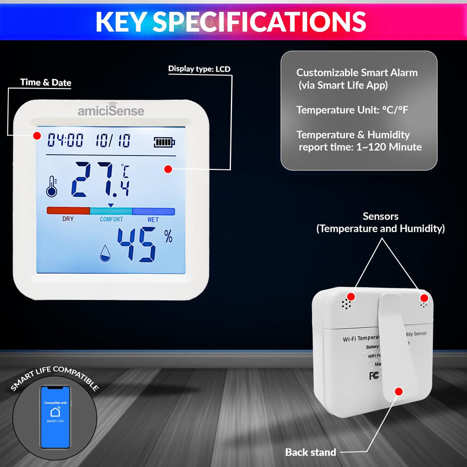 amiciSense WiFi Temperature Humidity Sensor, Thermometer Hygrometer with Data Export Feature Compatible with SmartLife App