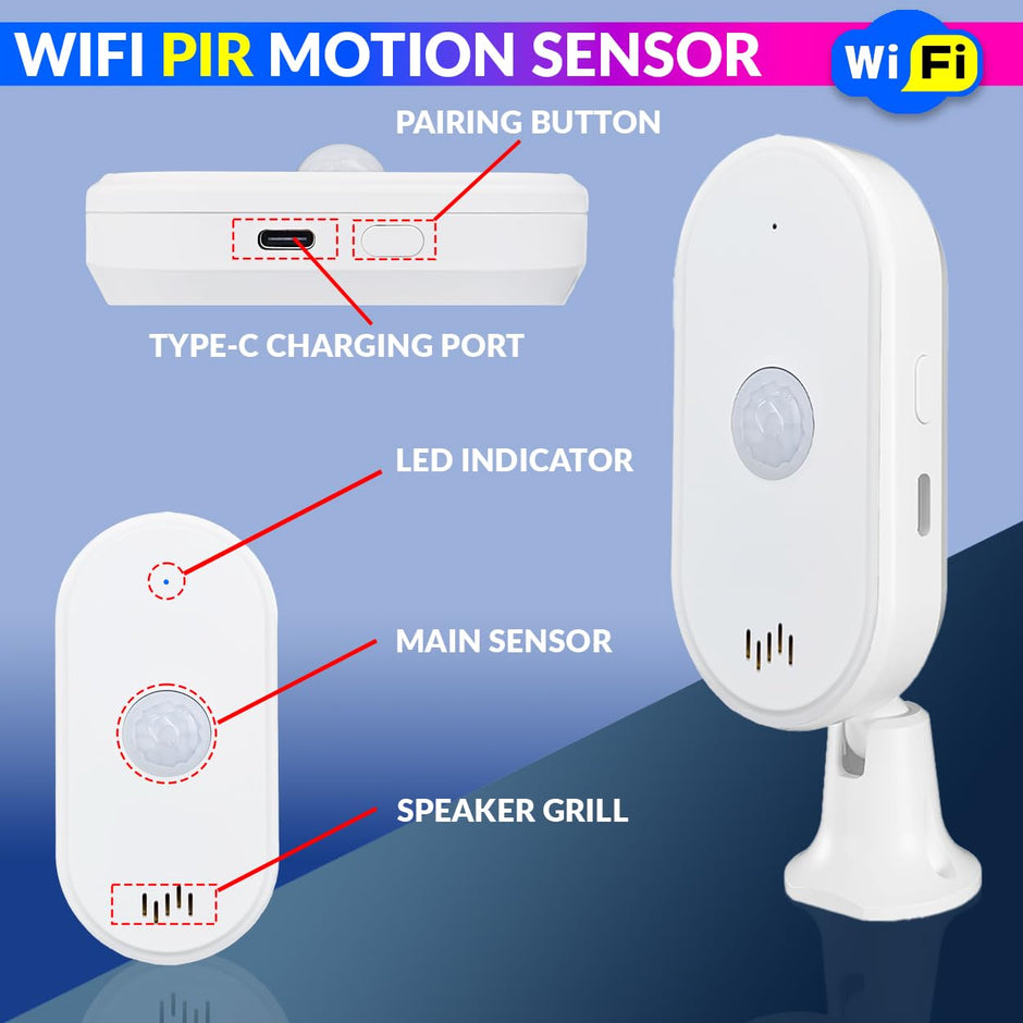 WiFi PIR Motion Sensor Alarm with SmartLife App Connectivity 75dB Siren & USB Powered Home Security Detector