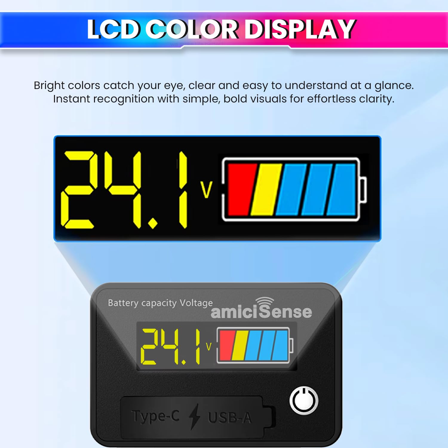 8–30V Battery Capacity Meter with USB/Type-C for 12V/24V LiFePO4 & Lead-Acid – Car/Bike Use