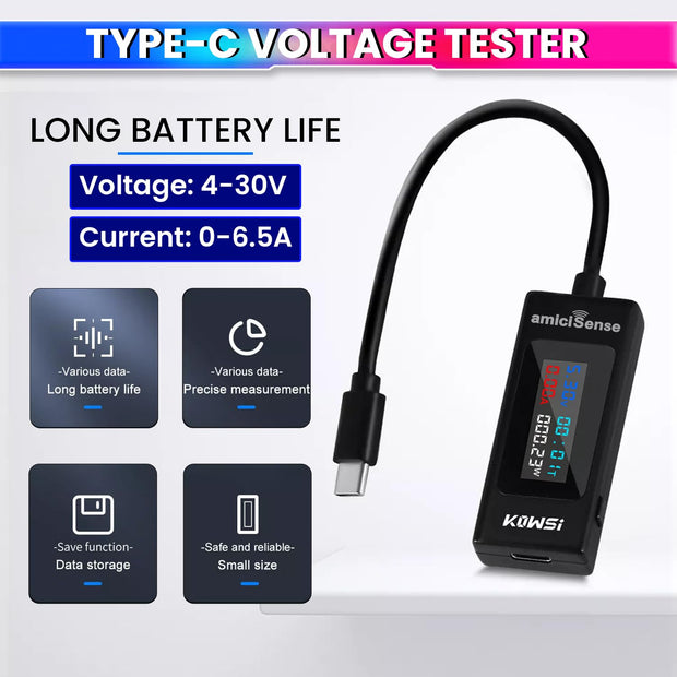 6-in-1 Digital LCD Type-C Charger Tester – Voltage, Current, Time, mAh, & Wh Detector