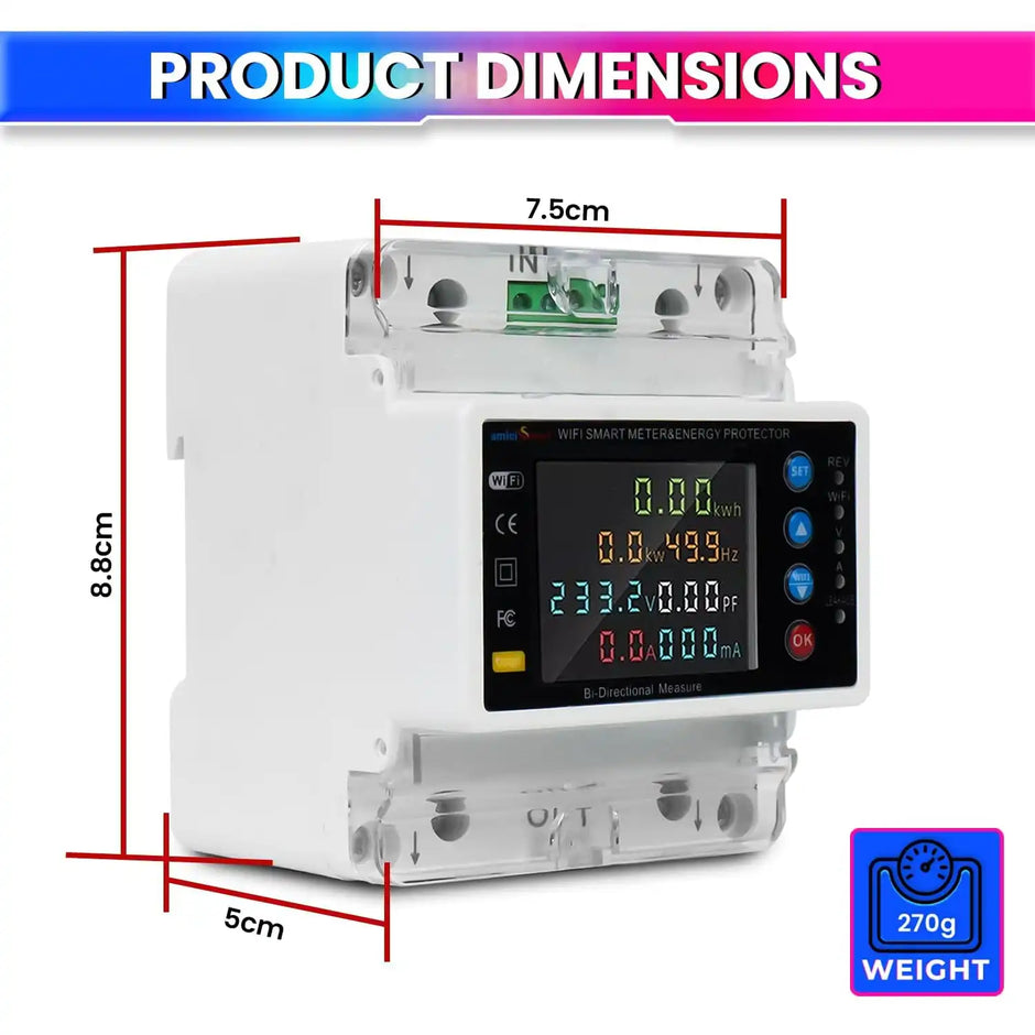 WiFi Bi-Directional Energy Meter 80A Single Phase Adjustable Over/Under Voltage, Current & Leakage Protection Auto Reconnect