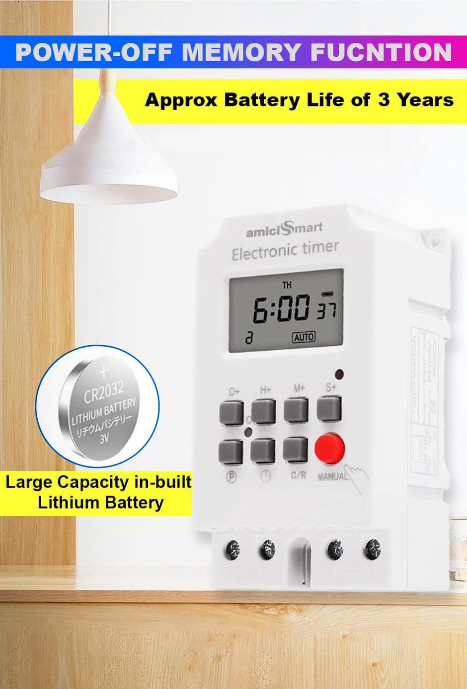 amiciSmart Programmable Timer Switch, High Precision Automatic On Off Switch for Light, Fan with Minimum Set Interval of 1sec (220VAC, 25A)