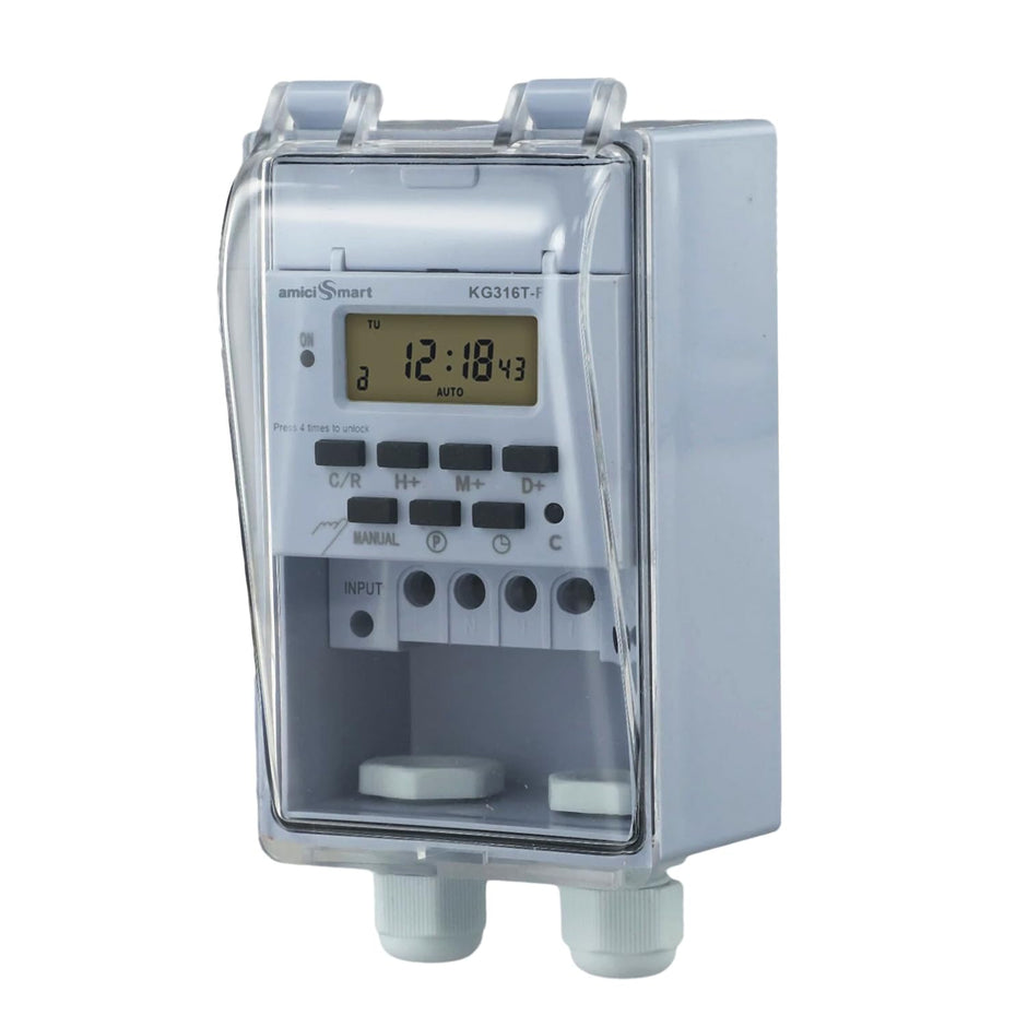 amiciSmart 230V 30A Digital Programmable Timer Switch with Loop Mode | IP65 Waterproof | 20 ON/Off Schedules | LCD Display | Auto Keyboard Lock |