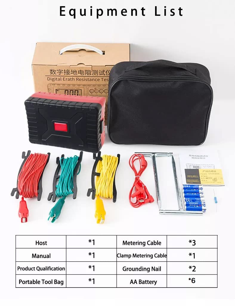 Earth Resistance Tester, High-Precision Megohmmeter with Ground Voltage Test, LCD Display, 6×AA Batteries