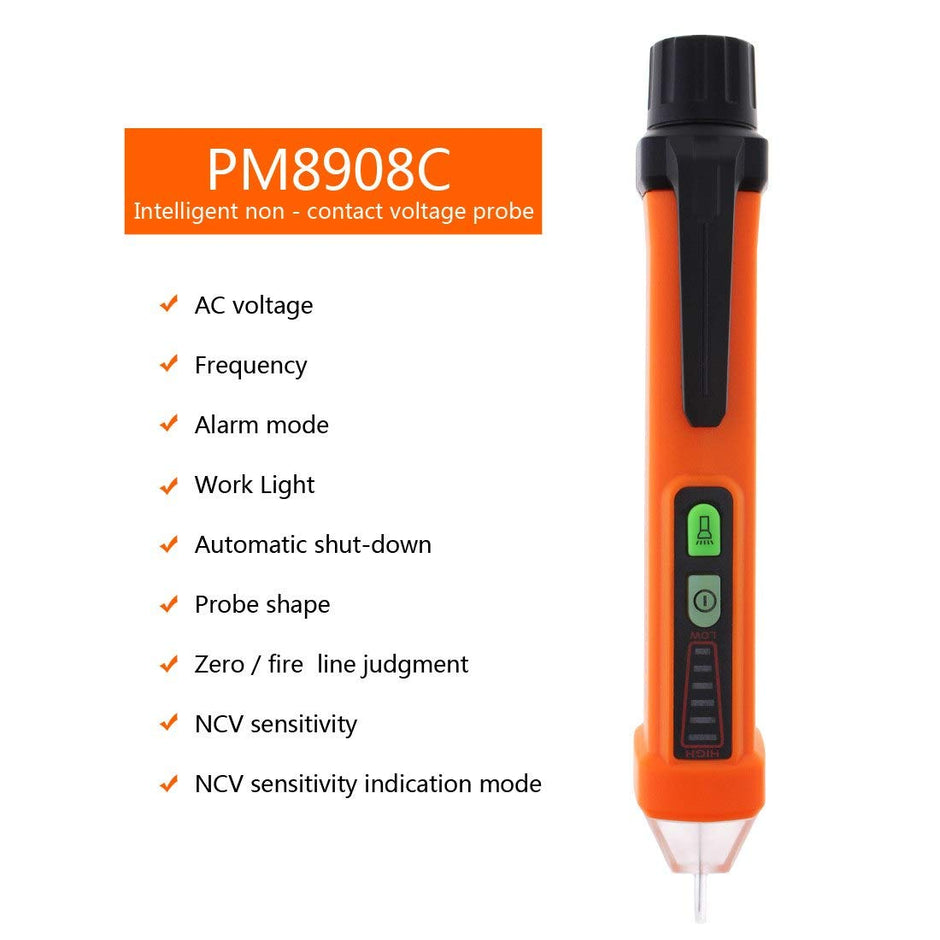 PEAKMETER PM8908C Non-Contact Voltage Tester Pen, 12-1000V AC, 50-60Hz with Work Light