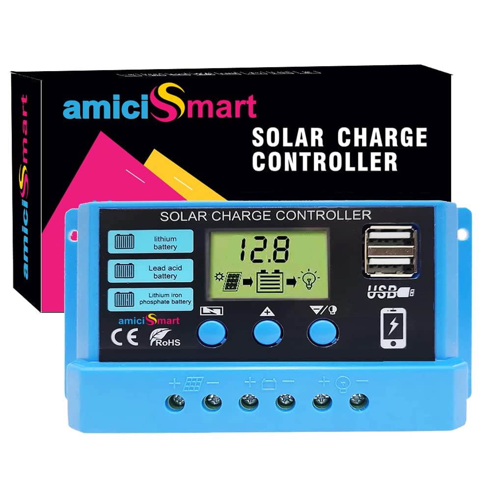 amiciSmart Solar Charger Controller 10A Solar Panel Battery Intelligent Regulator LCD Display with USB Port 12V/24V