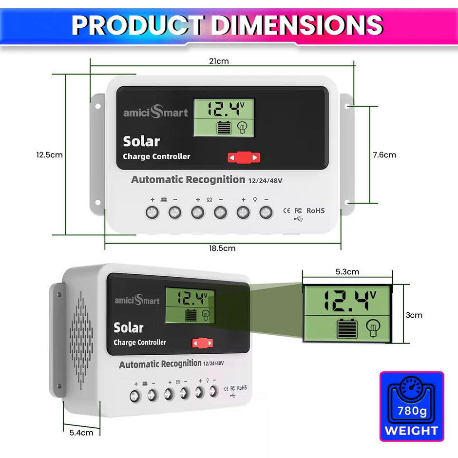 Solar Charge Controller 60A, Intelligent Battery Regulator for Solar Panel LCD Display with USB Port (60A)