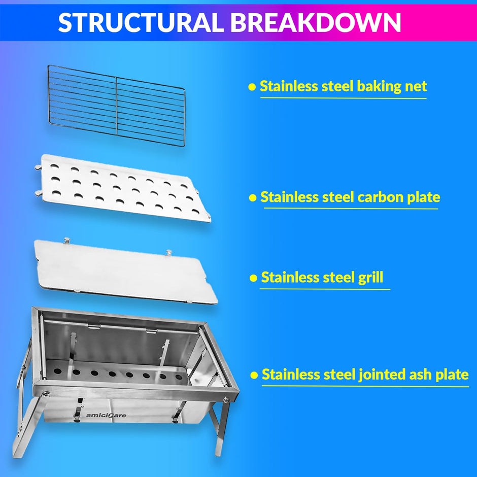 Portable Barbecue Grill, Small Foldable Stainless Steel Charcoal Grill For Outdoor Cooking amiciKart