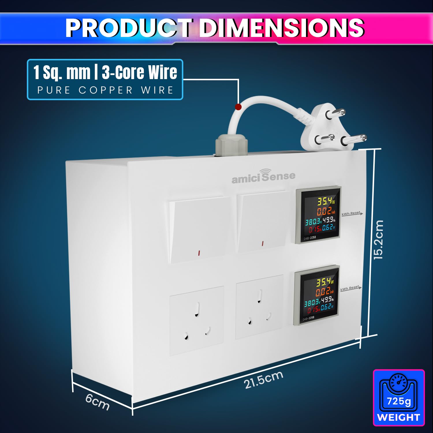 Energy Meter Socket Board Heavy-Duty 6-in-1 Power Meter 16A Sockets & Switches Real-Time Voltage Monitoring With Durable 4-Inch Wire amiciKart