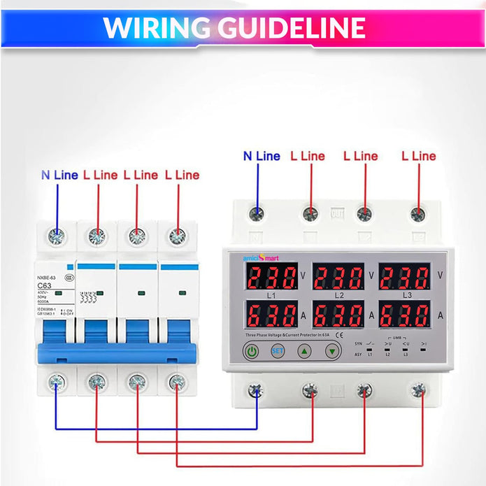 amiciSmart 3-Phase Automatic Over/Under Voltage Protector 63A with Over-Current, Phase-Loss & Phase-Imbalance Protection, Auto-Reconnect & Synchronous & Asynchronous Mode (220VAC, White)