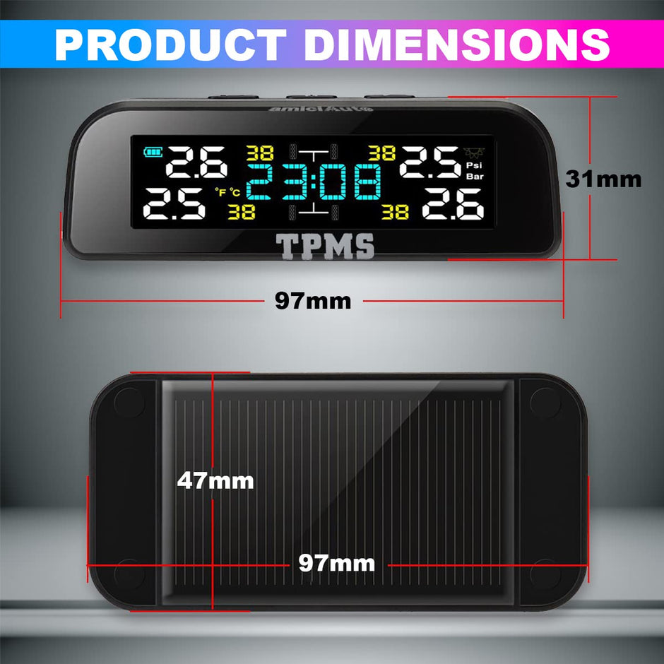 Wireless Car TPMS, Solar Powered Tyre Pressure Monitoring System with External Sensor for 4 Wheeler, with Dashboard Clock