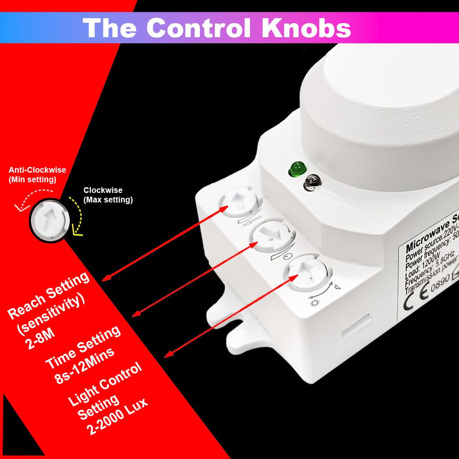 360 Degree Microwave Motion & Light Sensor, Auto On/Off with Radar & Photocell, 12–24V DC