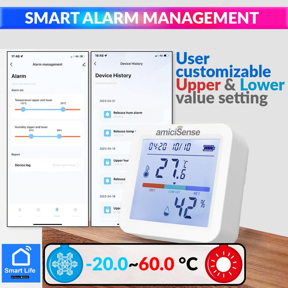 amiciSense WiFi Temperature Humidity Sensor, Thermometer Hygrometer with Data Export Feature Compatible with SmartLife App