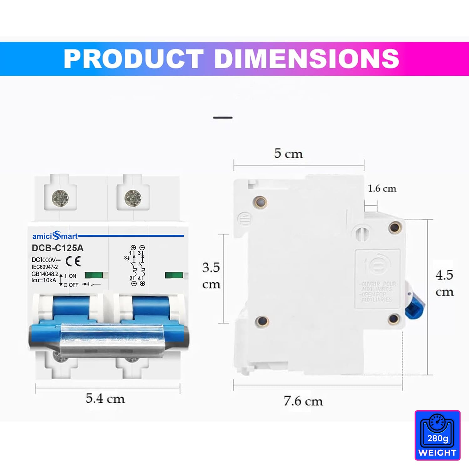 amiciSmart DC Circuit Breaker, 125A 1000V MCB for PV/Solar System
