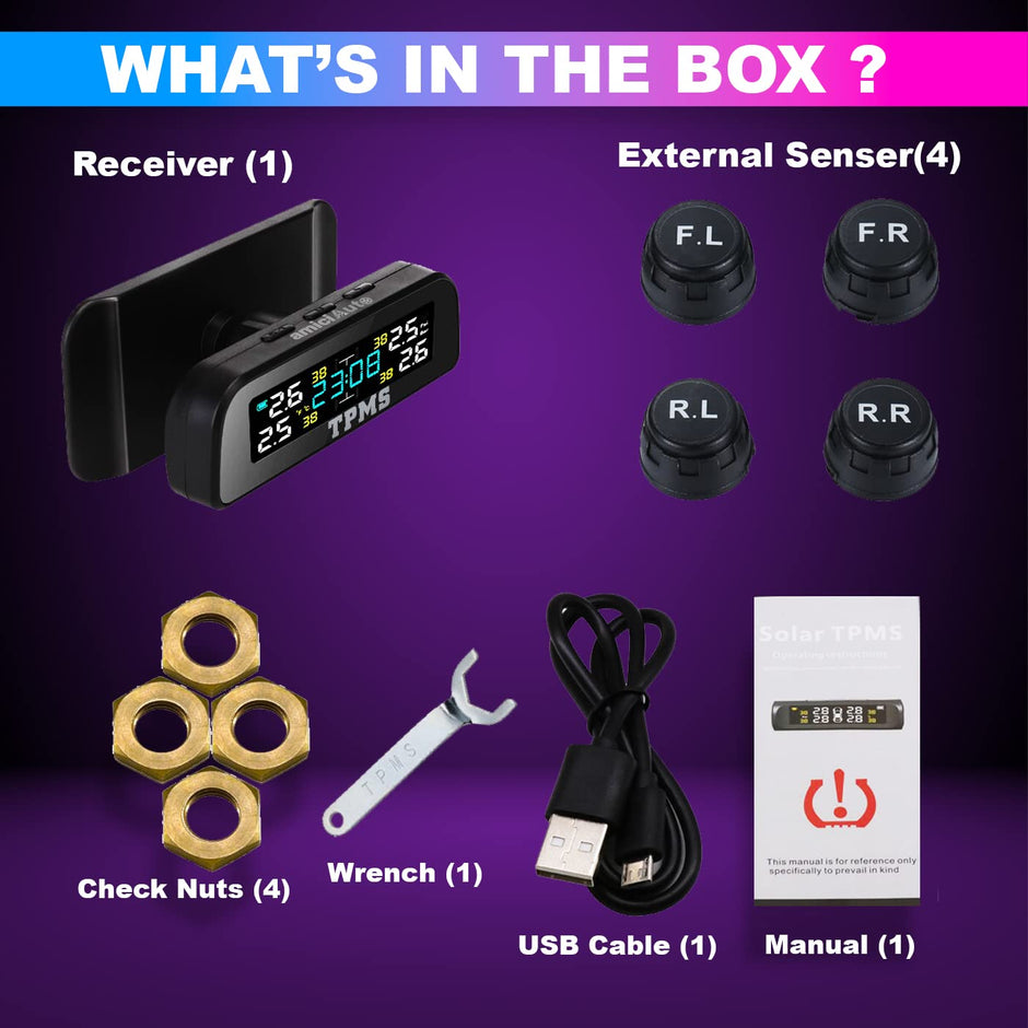 Wireless Car TPMS, Solar Powered Tyre Pressure Monitoring System with External Sensor for 4 Wheeler, with Dashboard Clock