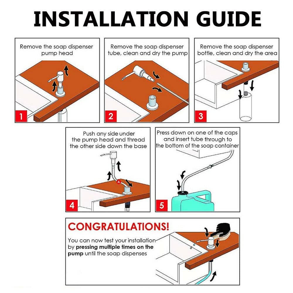 Kitchen Sink Soap Dispenser – Built-in Countertop Stainless Steel Pump with 360° Rotating Head & 1.15m Extension Tube
