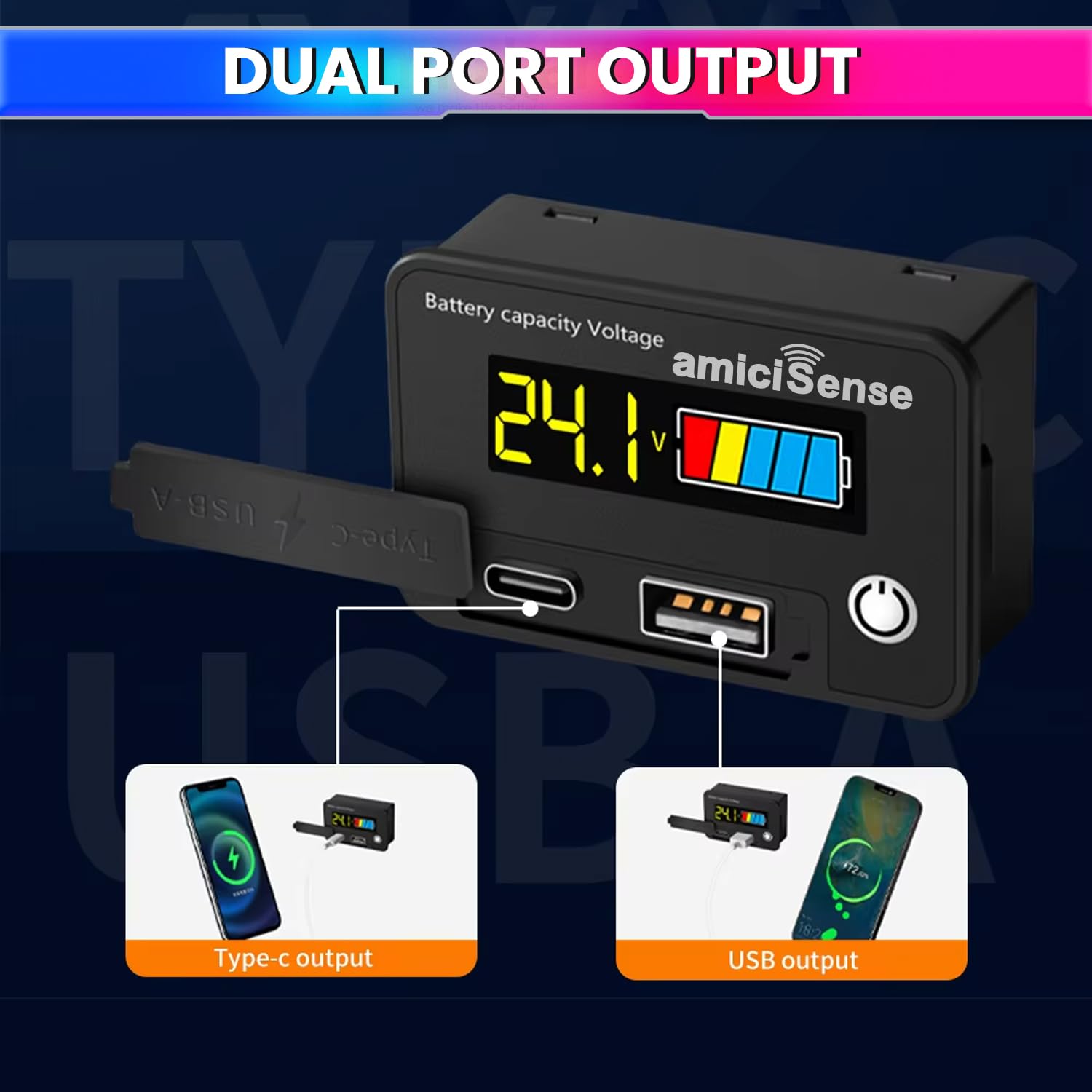 8–30V Battery Capacity Meter with USB/Type-C for 12V/24V LiFePO4 & Lead-Acid – Car/Bike Use