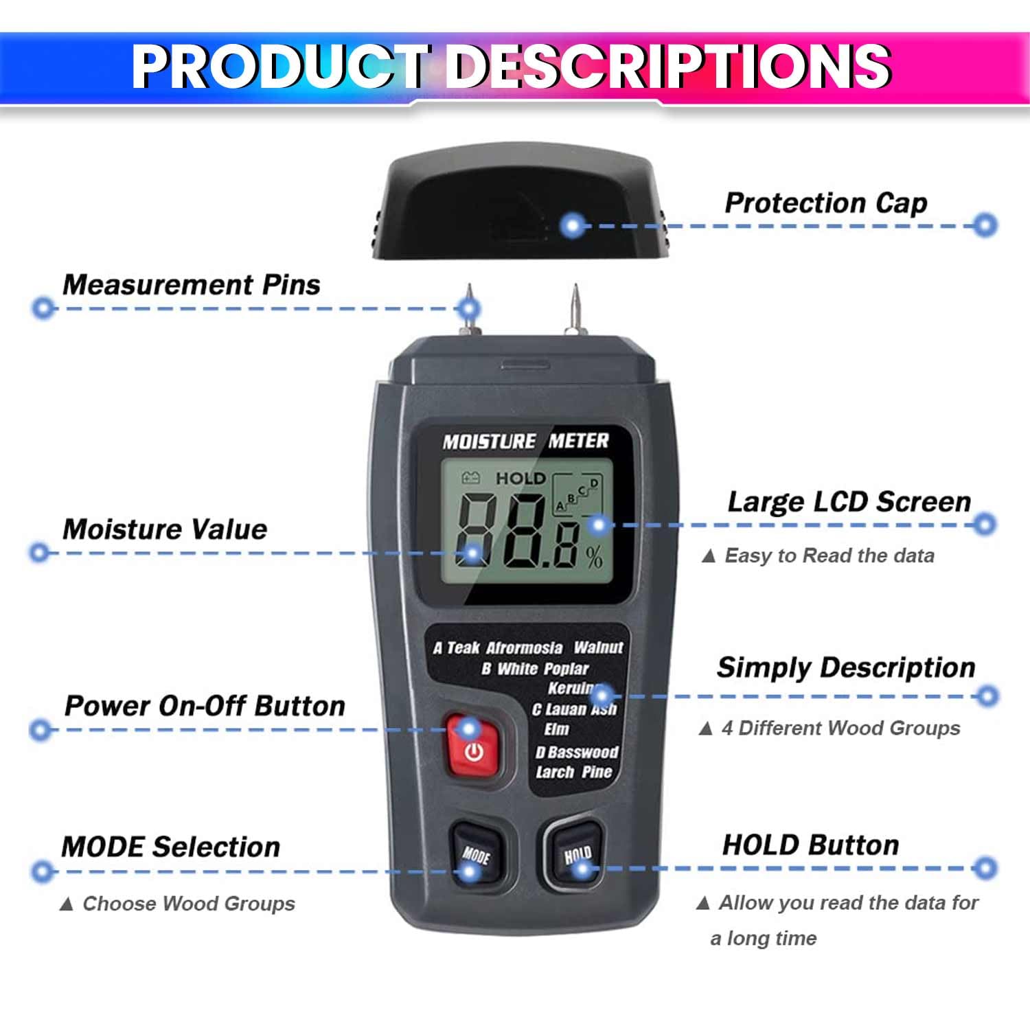 Wood Moisture Meter Digital Humidity Tester for Wood, Cement Motor, Wall, Firewood, Paper, etc