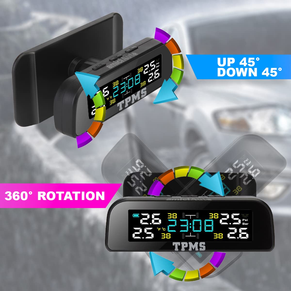 Wireless Car TPMS, Solar Powered Tyre Pressure Monitoring System with External Sensor for 4 Wheeler, with Dashboard Clock amiciKart