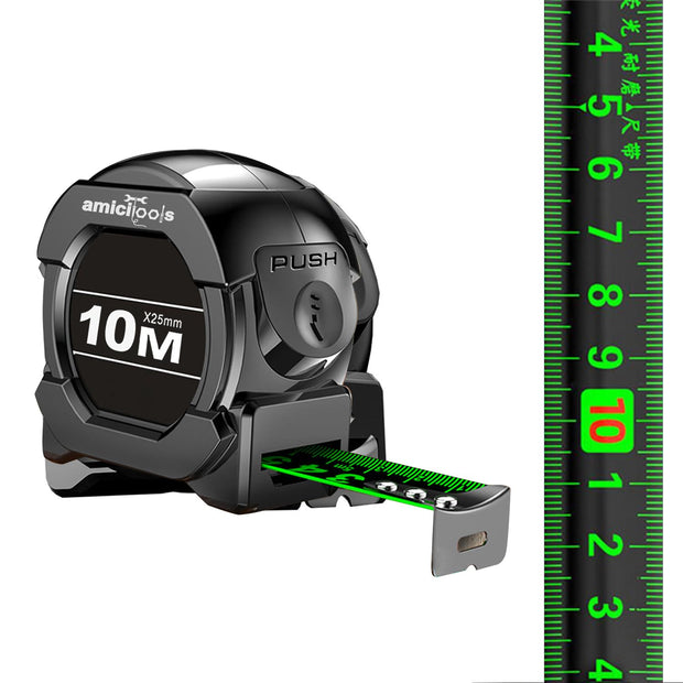 amiciTools 10m Measuring Tape with Auto-Locking and Retracting Feature, Heavy Duty Unbreakable ABS Case with Belt Clip- One-Man Operation, Measure in cm Only