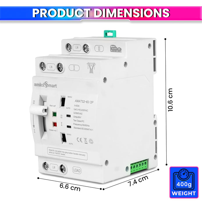 63A Dual Power Transfer Switch 230VAC Single-Phase with Automatic and Manual Changeover Switch
