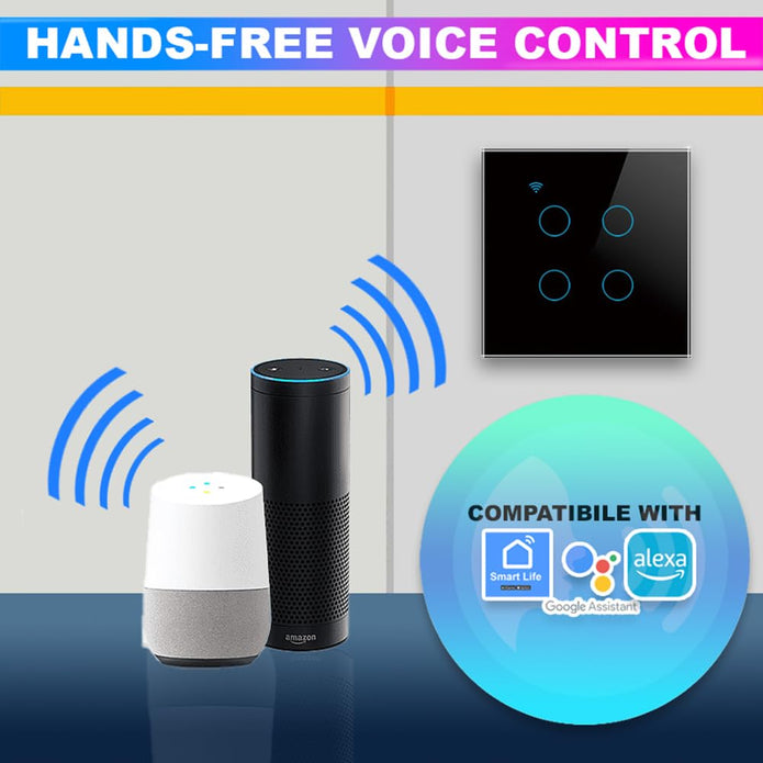 WiFi Touch Switch – 4 Gang, 230V/10A, Alexa/Google Compatible, Interlocking, SmartLife App