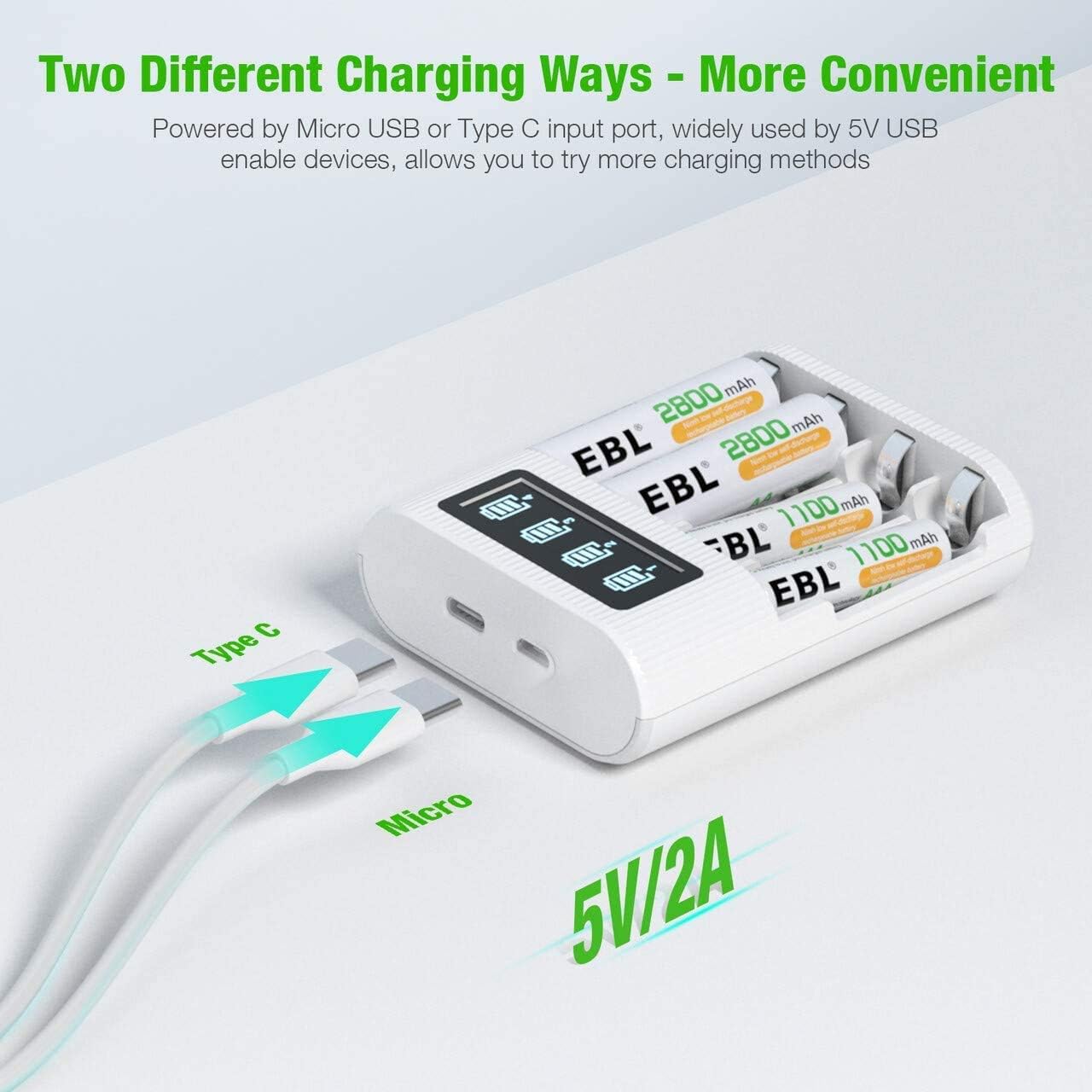 EBL AA/AAA Battery Charger - 4-Bay, Type-C & Micro USB Input, LCD Display