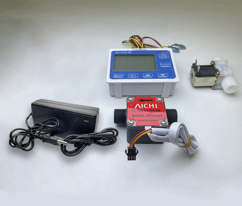 amiciSense Flow Meter, Digital Display Quantitative Controller with G1/2 Sensor, Stop Valve, Power Adapter for Water, Oil, etc. (For All Liquids)