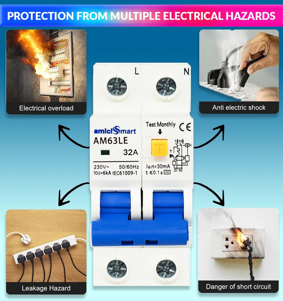 32A RCBO Circuit Breaker Leakage, Overcurrent & Short-Circuit Protection with Leakage On/Off Switch