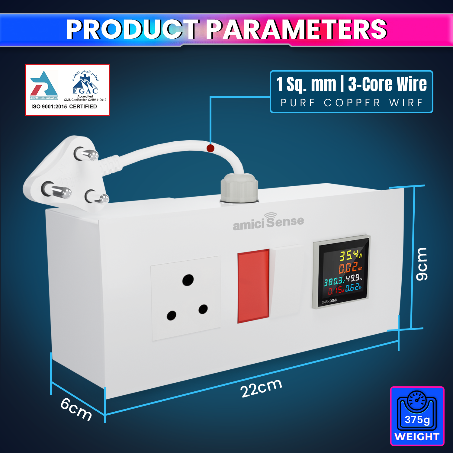 Energy Meter Socket Board with 6-in-1 Digital Voltage Monitoring 6A Socket Board with Indicator & 6A Switch with Durable 4-Inch Wire