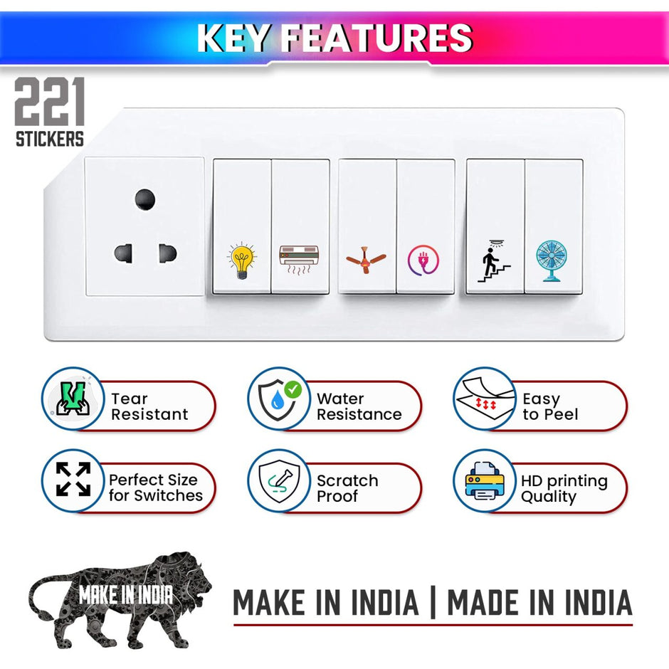 Switch Board Stickers – 42 Designs with 442 Icons, Water-Resistant Self-Adhesive Labels